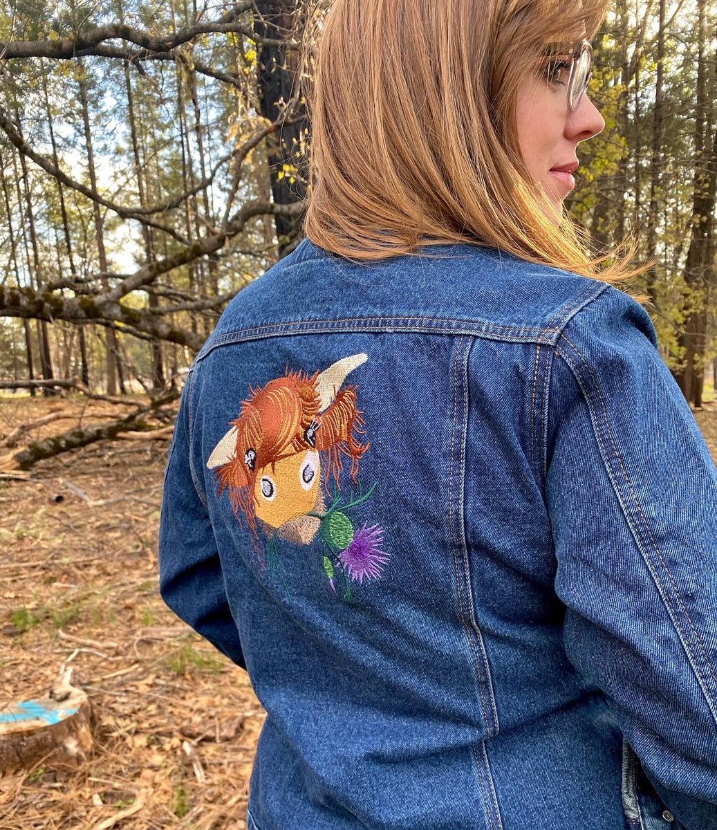 Highland Cow Embroidered Denim Jean Jacket Heilan Coo – Thistle