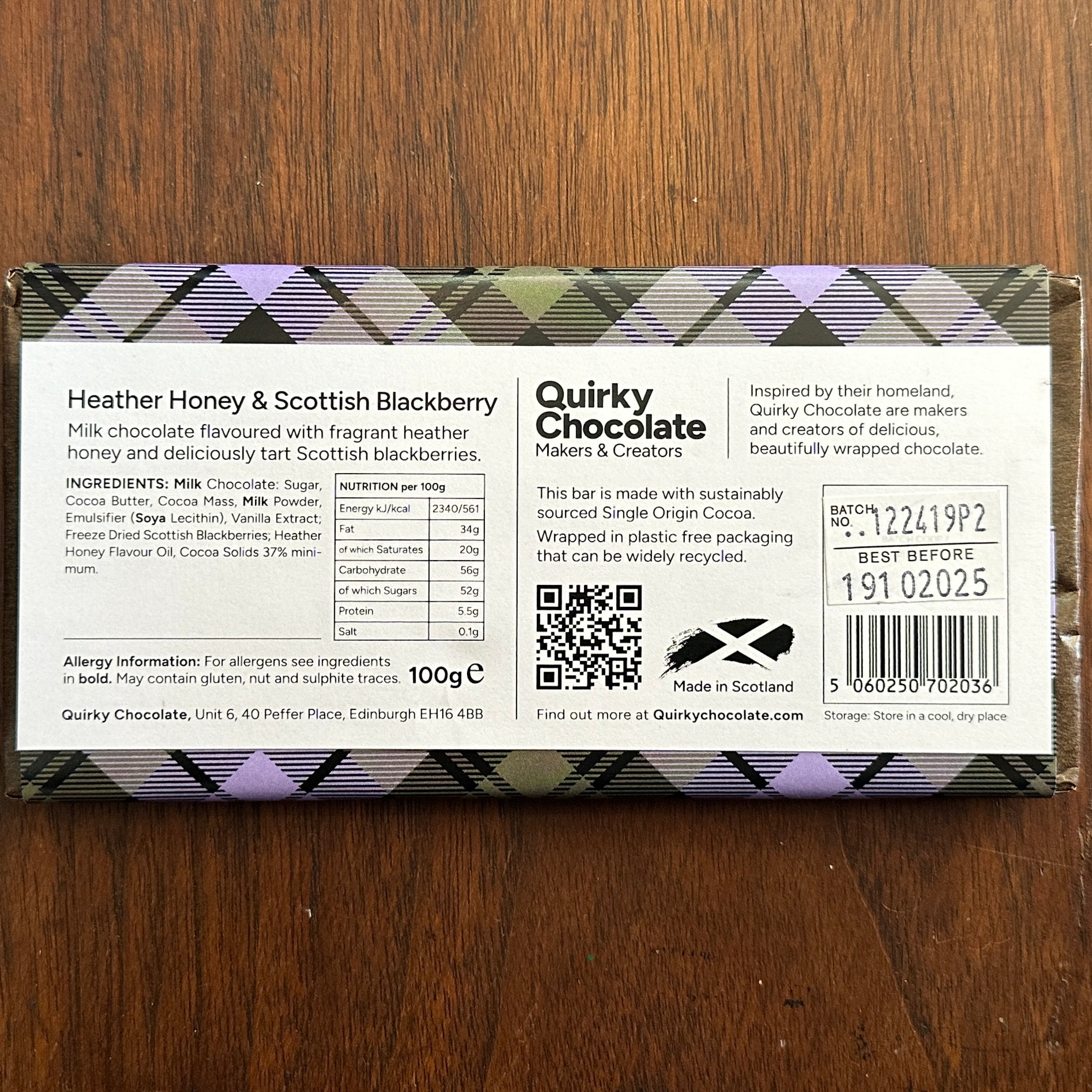 Heather Honey & Blackberry Milk Chocolate Bar by Quirky Chocolate