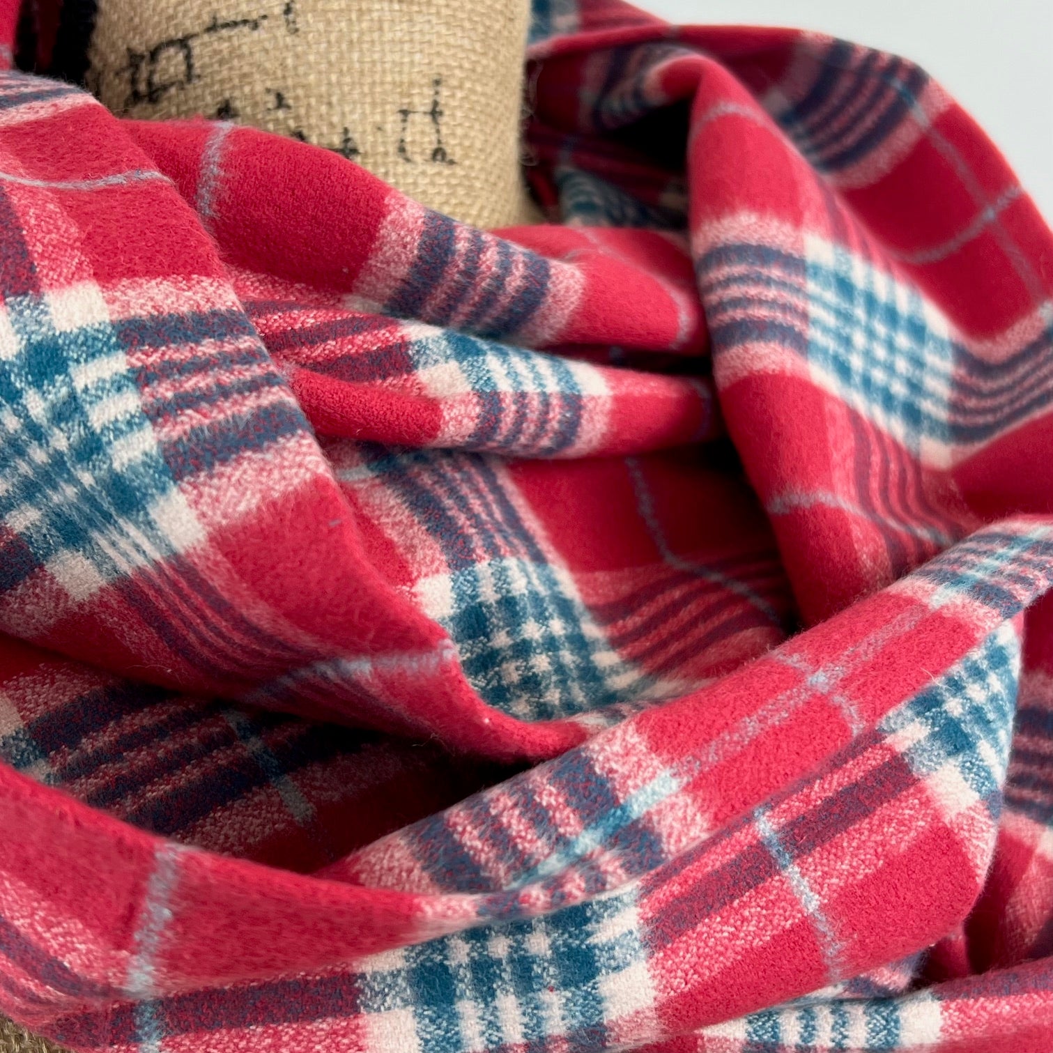 Cherry Chapstick Red, Blue, and Ivory 100% Organic Cotton Plaid Infinity and Blanket Scarves