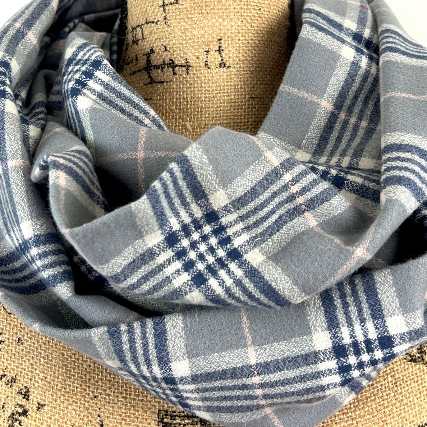 Smokey Grey, Dark Blue, and Pink 100% Organic Cotton Plaid Infinity and Blanket Scarves