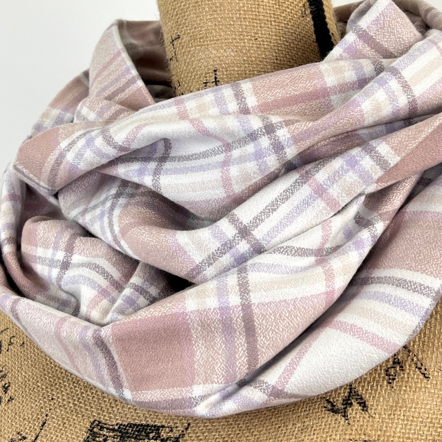 Muted Mauve, Lavender, White, Taupe, and Plum 100% Organic Cotton Plaid Infinity and Blanket Scarves