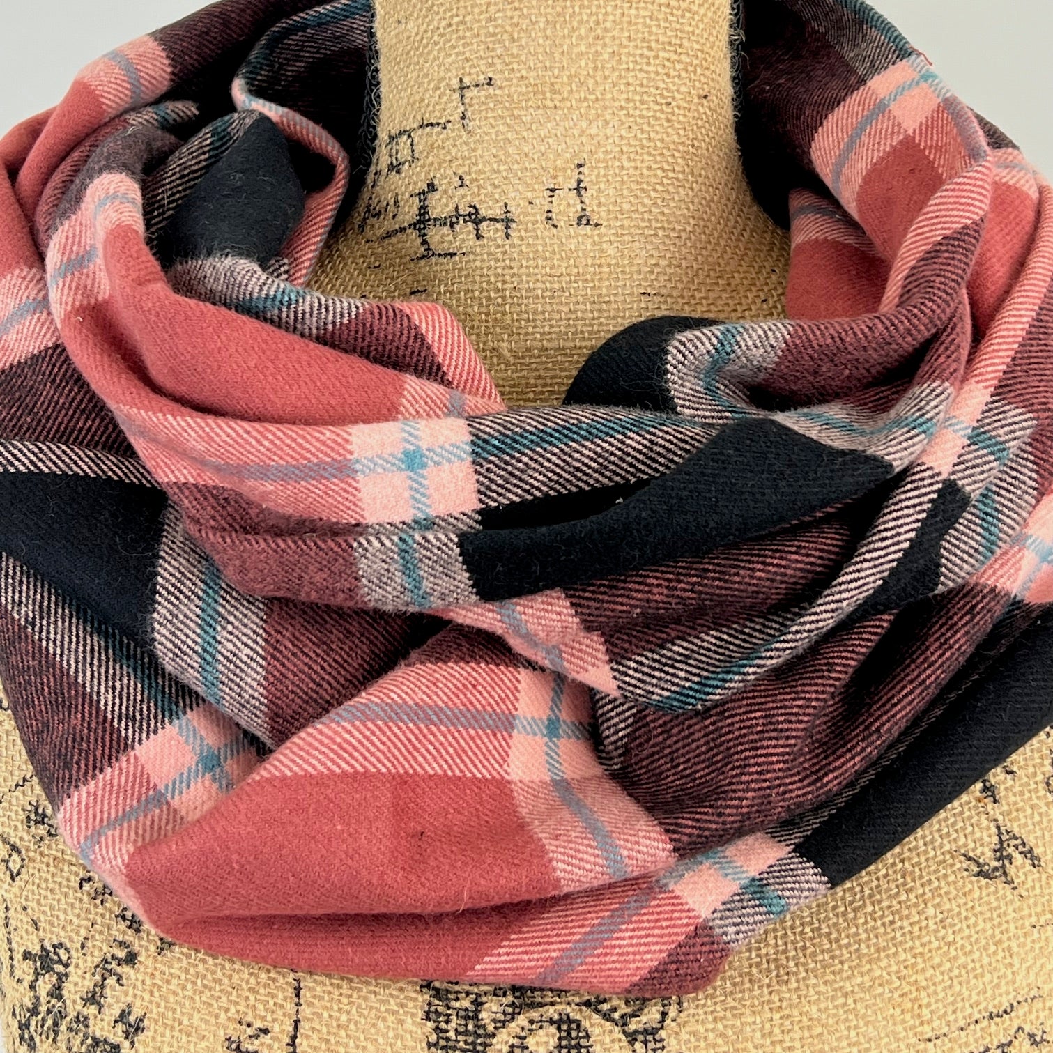 Muted Raspberry, Black, with Blue Stripe Luxe Collection Plaid Infinity and Blanket Scarves