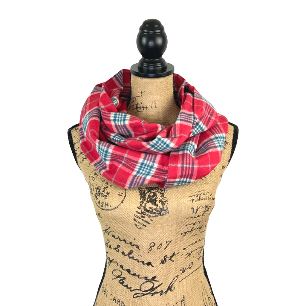 Cherry Chapstick Red, Blue, and Ivory 100% Organic Cotton Plaid Infinity and Blanket Scarves