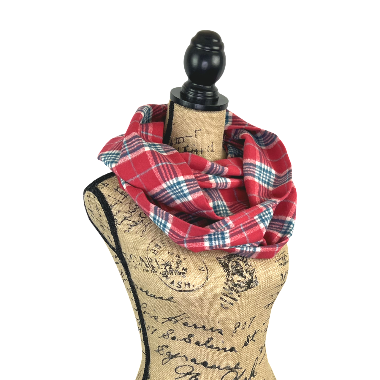 Cherry Chapstick Red, Blue, and Ivory 100% Organic Cotton Plaid Infinity and Blanket Scarves