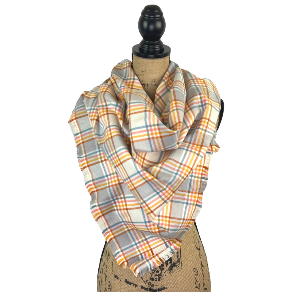 Grey, Ivory, Turmeric, Nutmeg, Blue and Pink 100% Organic Cotton Plaid Infinity and Blanket Scarves