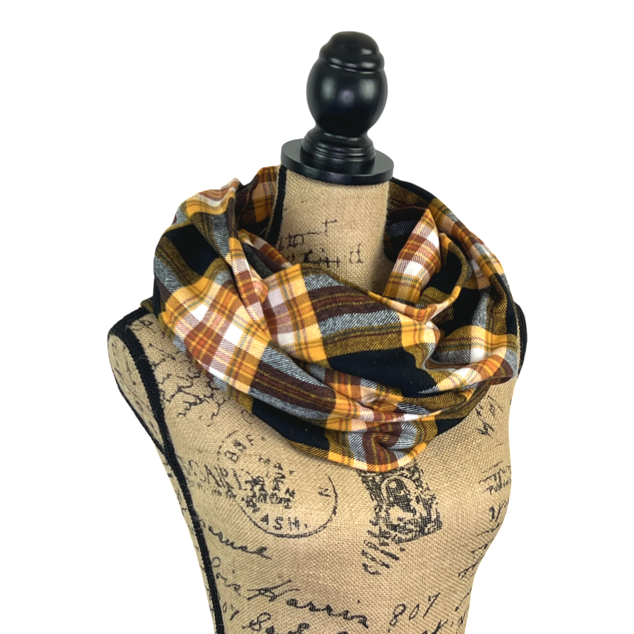 Black and Mustard Yellow with a Small Green Stripe Luxe Collection Plaid Infinity and Blanket Scarves