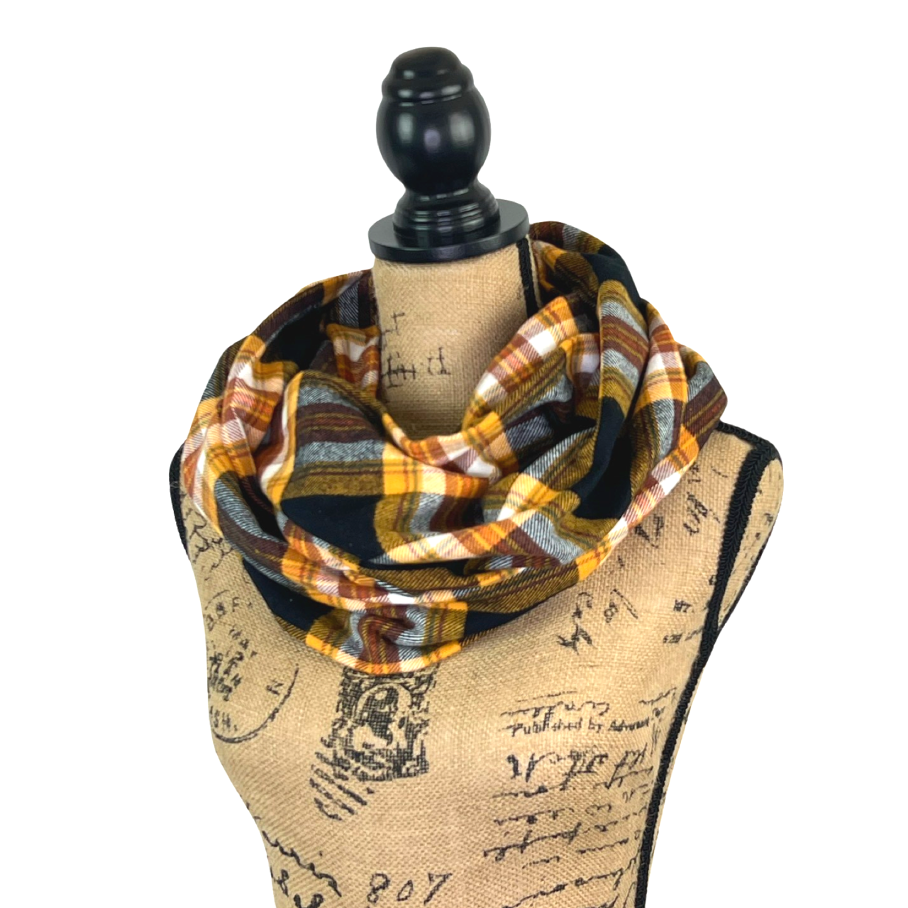 Black and Mustard Yellow with a Small Green Stripe Luxe Collection Plaid Infinity and Blanket Scarves