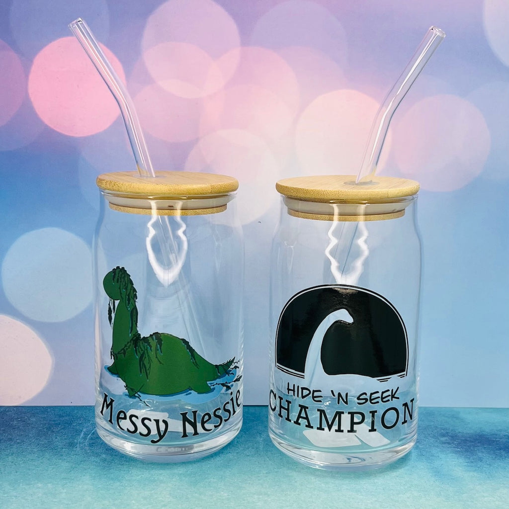 Nessie Designs! 16oz Clear Beer Can Glass with Bamboo Lid and Straw