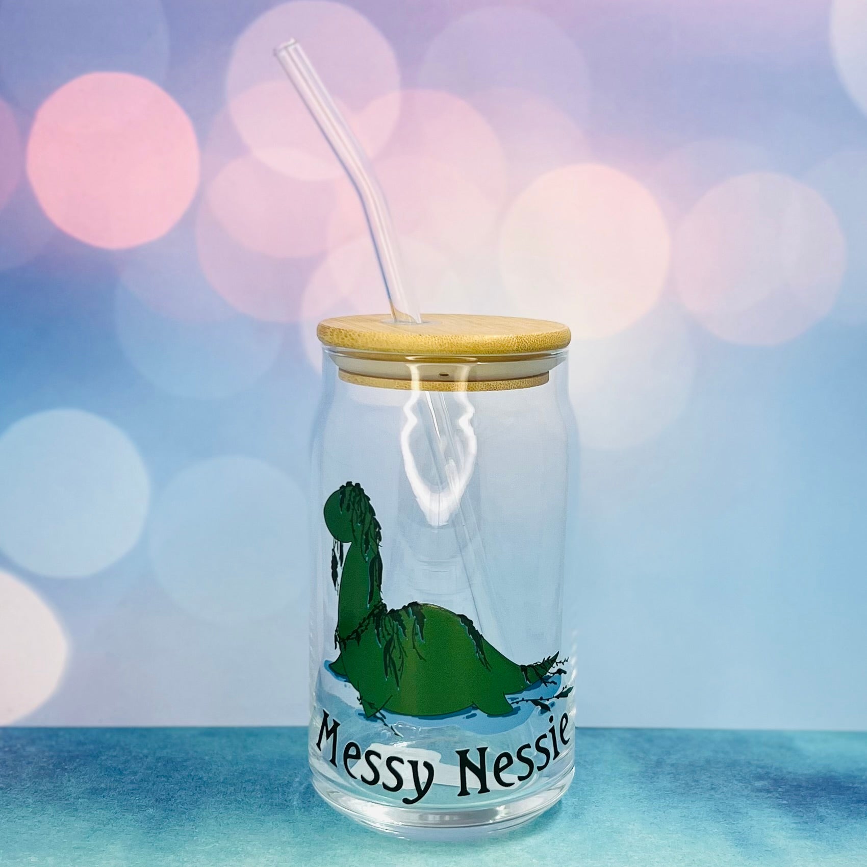 Nessie Designs! 16oz Clear Beer Can Glass with Bamboo Lid and Straw