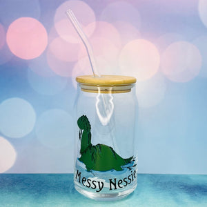 Nessie Designs! 16oz Clear Beer Can Glass with Bamboo Lid and Straw