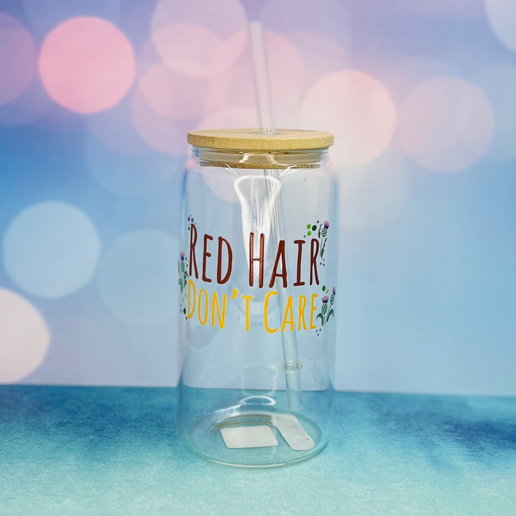 Red Hair Don't Care 16oz Clear Beer Can Glass with Bamboo Lid and Straw