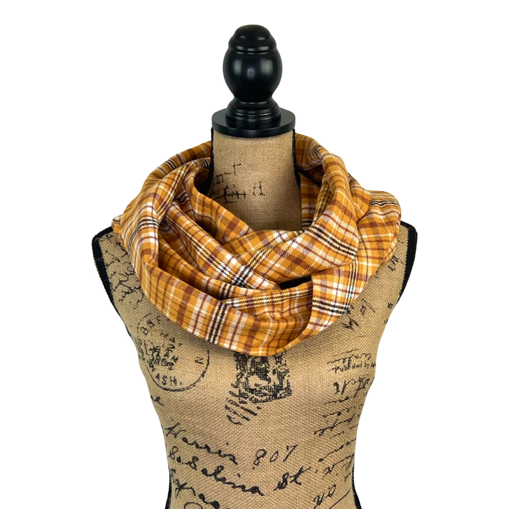 Mustard Yellow, Cinnamon Orange, Black, and White Luxe Collection Plaid Infinity and Blanket Scarves