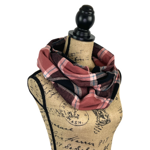 Muted Raspberry, Black, with Blue Stripe Luxe Collection Plaid Infinity and Blanket Scarves