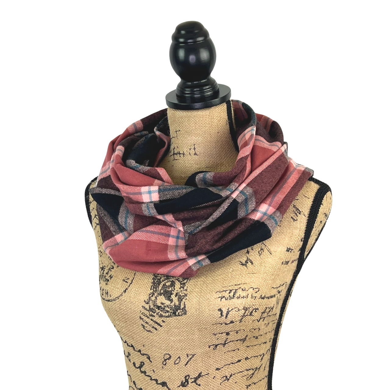 Muted Raspberry, Black, with Blue Stripe Luxe Collection Plaid Infinity and Blanket Scarves