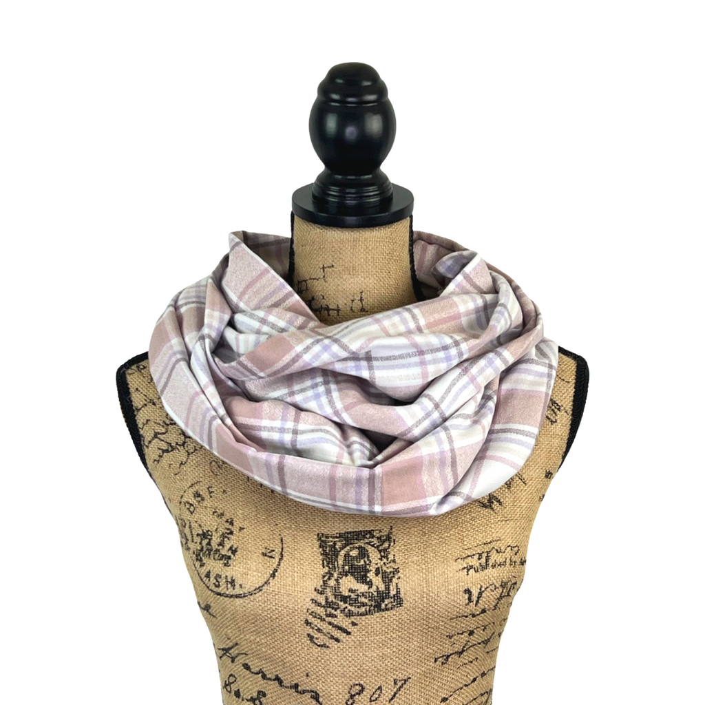 Muted Mauve, Lavender, White, Taupe, and Plum 100% Organic Cotton Plaid Infinity and Blanket Scarves