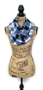 Navy Blue, Light French Blue, and White Flannel Plaid Infinity or Blanket Scarf