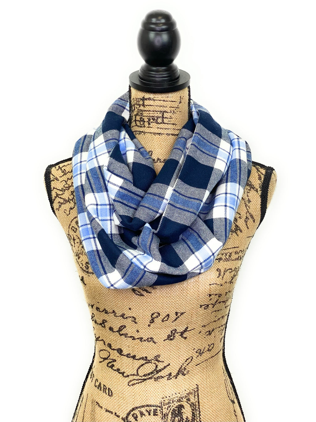 Navy Blue, Light French Blue, and White Flannel Plaid Infinity or Blanket Scarf