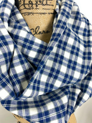 Navy Blue, Gray, and White Lightweight Flannel Plaid Infinity Scarf